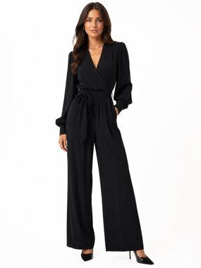 Marciano Black Long-Sleeve Wrap Jumpsuit with Tie Waist